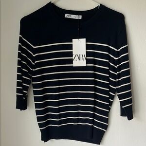 ZARA NWT Women’s Navy Blue White Striped Sweater - Short Sleeve Size XL